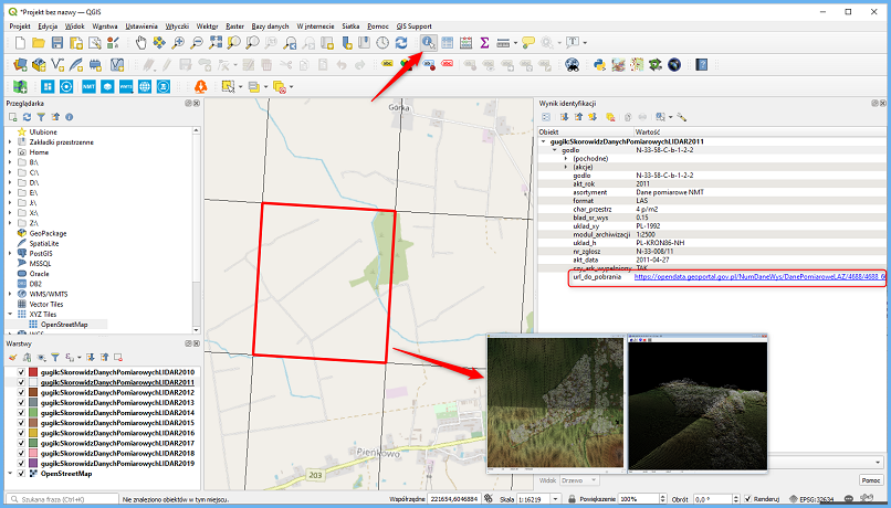 Grafika przedstawiająca wykorzystanie usługi WFS dla danych pomiarowych LIDAR w oprogramowaniu QGIS